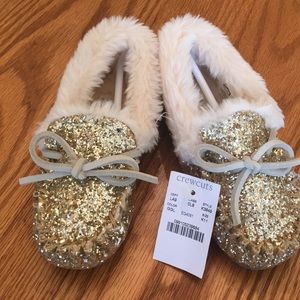 Crewcuts gold sparkle fur slippers kids 11 NEW
